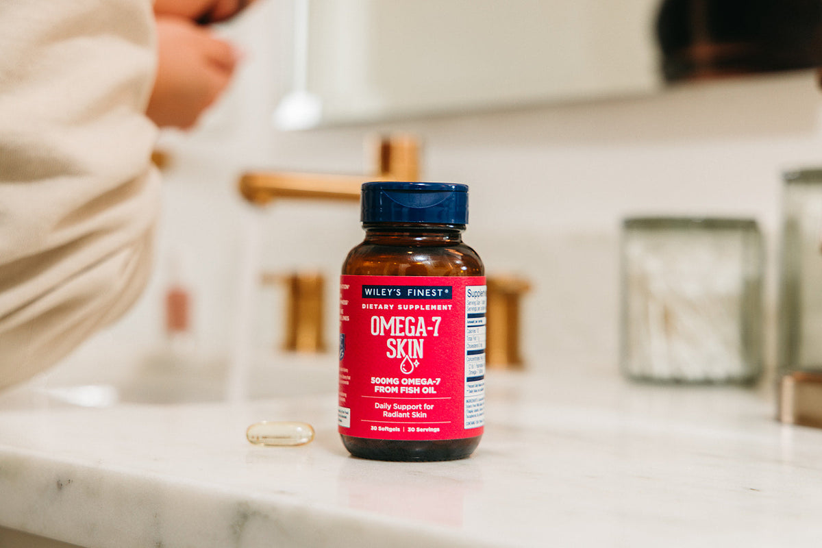 Wiley’s Finest Omega-7 Skin supplement designed to support skin hydration.*