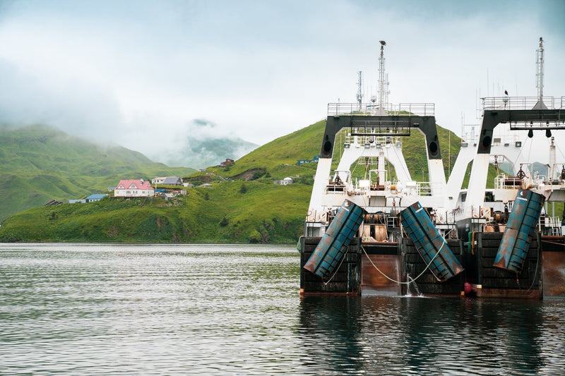 Two fishing vessels on the Alaska coast line